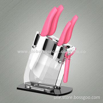 Pink Handle Ceramic Knife Set with Peeler